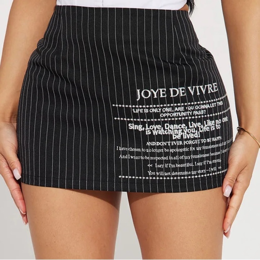 Black Pinstripe Mini Skirt with White Text